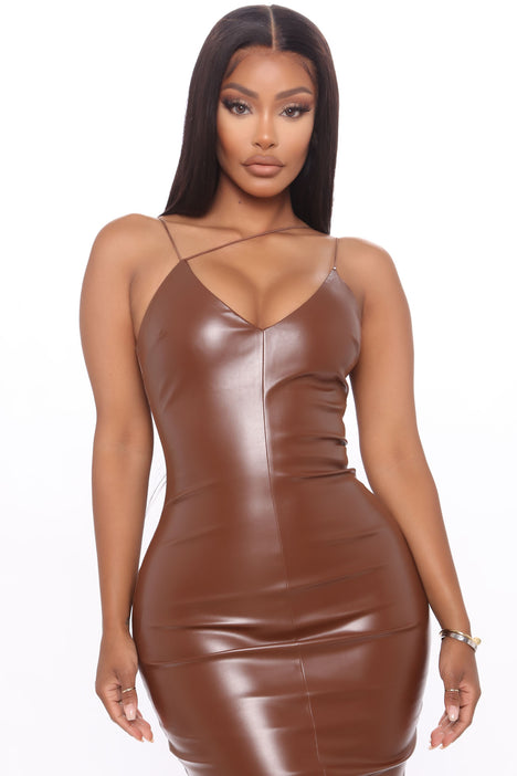 Sexy Faux Leather Midi Dress - Brown ...